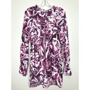 KAARI blue top XL Purple White Floral Long Sleeve Tunic Blouse Ruffle Collar
